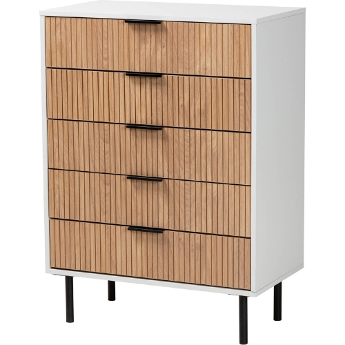 Karima 5 Drawer Cabinet in White & Natural Wood & Black Metal