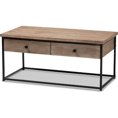 Roderick 2 Drawer Coffee Table in Weathered Oak Finish Wood & Black Metal