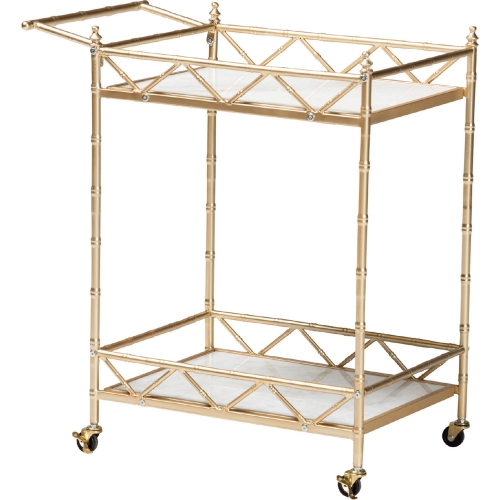 Mela 2 Tier Wine Cart in Gold Metal & White Marble