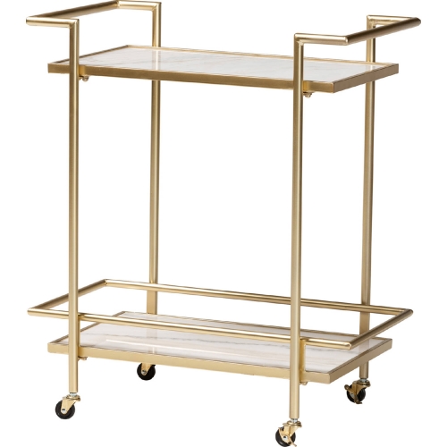 Louise 2 Tier Wine Cart in Gold Metal & White Marble