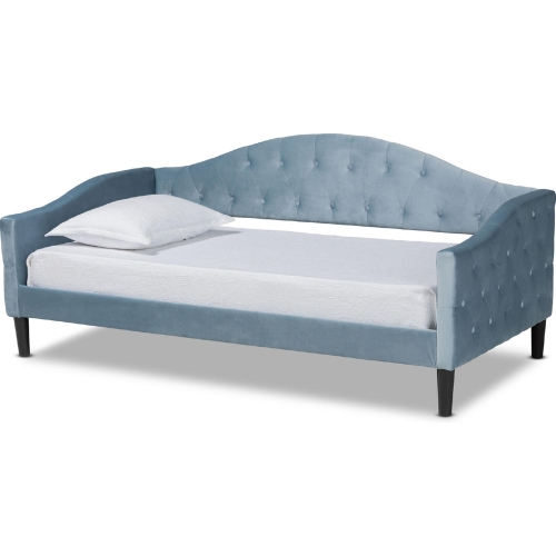 Benjamin Full Daybed in Tufted Light Blue Velvet & Dark Brown Wood