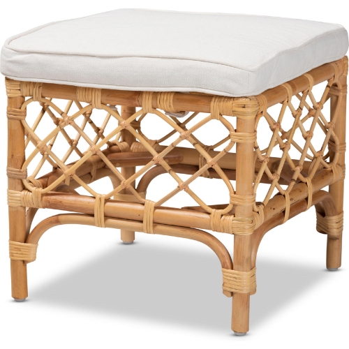 Orchard Ottoman in Natural Brown Rattan & White Fabric