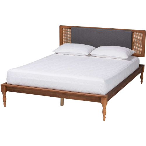 Eliseo Full Platform Bed in Dark Grey Fabric & Walnut Brown Finish Wood