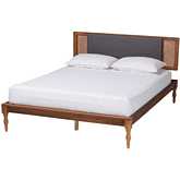 Eliseo Full Platform Bed in Dark Grey Fabric & Walnut Brown Finish Wood