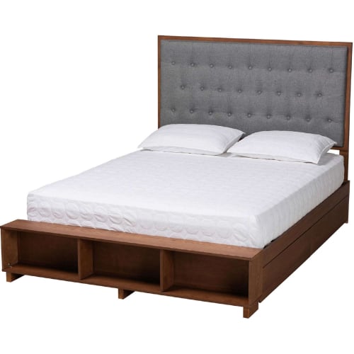 Jalie King Platform Storage Bed in Tufted Grey Fabric & Walnut Finish Wood