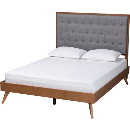 Dericia Queen Platform Bed in Tufted Grey Fabric & Walnut Brown Finish Wood