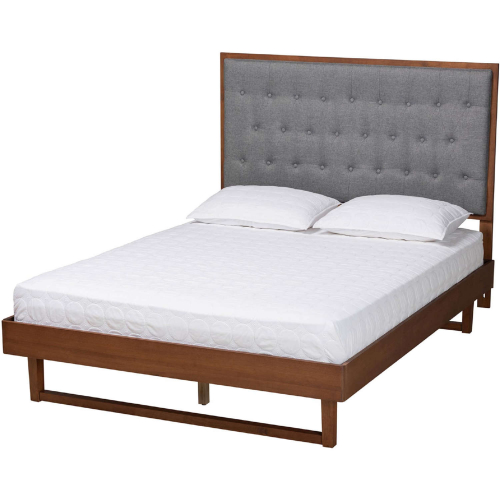 Bryn Queen Platform Bed in Tufted Grey Fabric & Walnut Brown Finish Wood