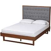 Bryn Queen Platform Bed in Tufted Grey Fabric & Walnut Brown Finish Wood