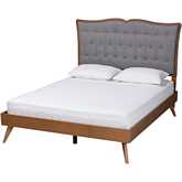 Hawthorn Queen Platform Bed in Tufted Grey Fabric & Walnut Brown Finish Wood