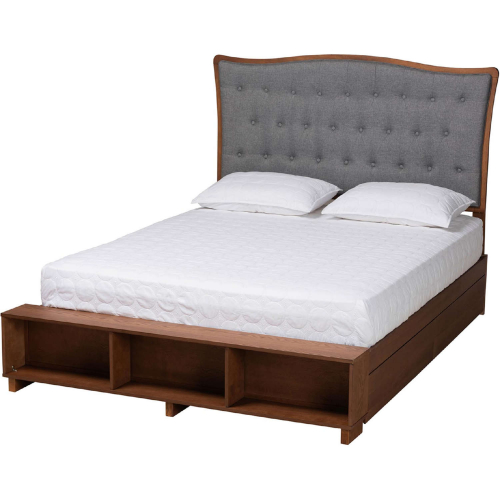 Kalare Queen Platform Storage Bed in Tufted Grey Fabric & Walnut Finish Wood