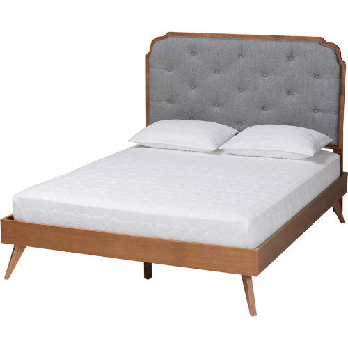 Lorana King Platform Bed in Walnut Finish Wood & Tufted Grey Fabric