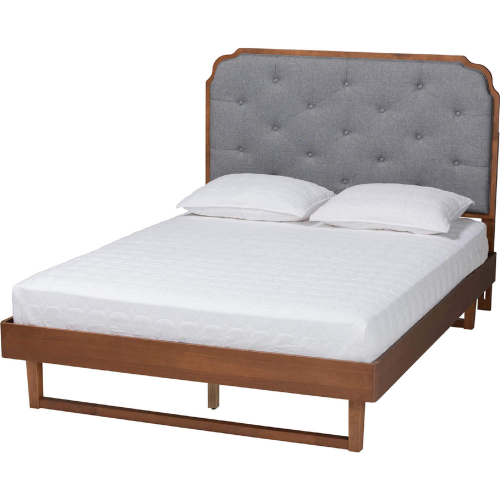 Roald King Platform Bed in Walnut Finish Wood & Tufted Grey Fabric