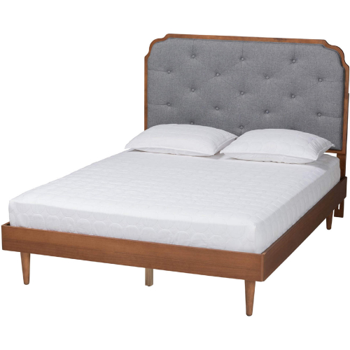 Garron King Platform Bed in Walnut Finish Wood & Tufted Grey Fabric