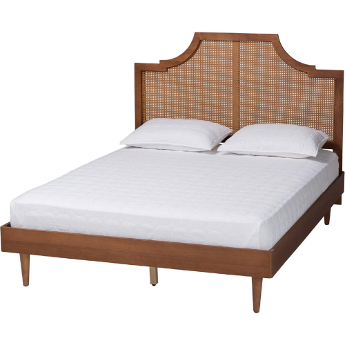 Macaria King Bed in Ash Walnut Finish Wood & Woven Rattan