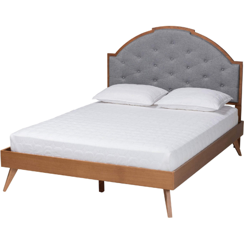 Blanchard Queen Platform Bed in Walnut Finish Wood & Tufted Grey Fabric