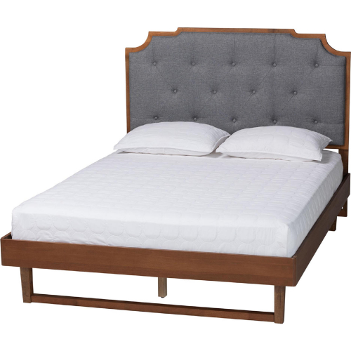 Orlando Queen Platform Bed in Walnut Brown Finish Wood & Grey Fabric