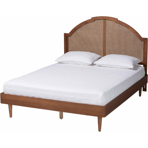 Mendel Queen Bed in Walnut Brown Wood & Rattan