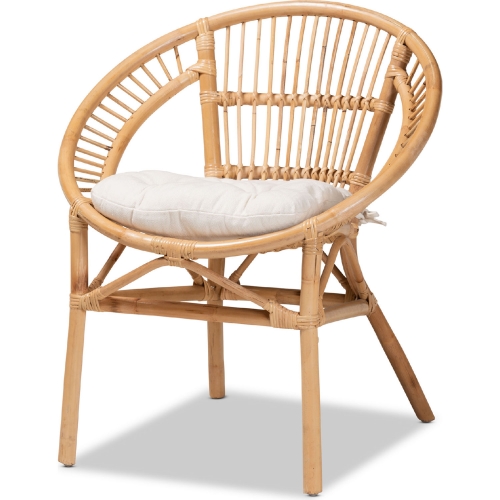 Adrina Round Dining Chair in Natural Rattan & White Fabric