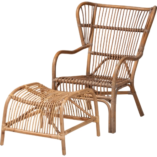 Lamaria Accent Arm Chair & Foot Stool Set in Antique Natural Brown Rattan