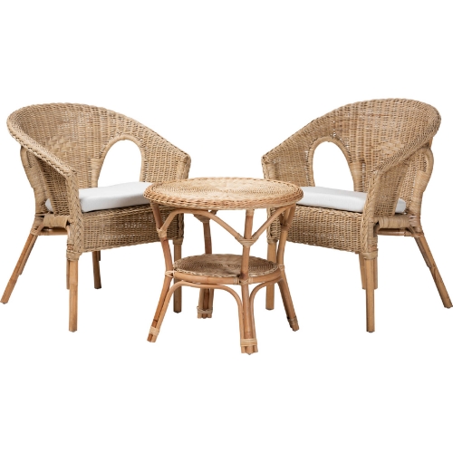 Abbey 3 Piece Accent Chair & Table Set in Antique Natural Rattan & White Fabric