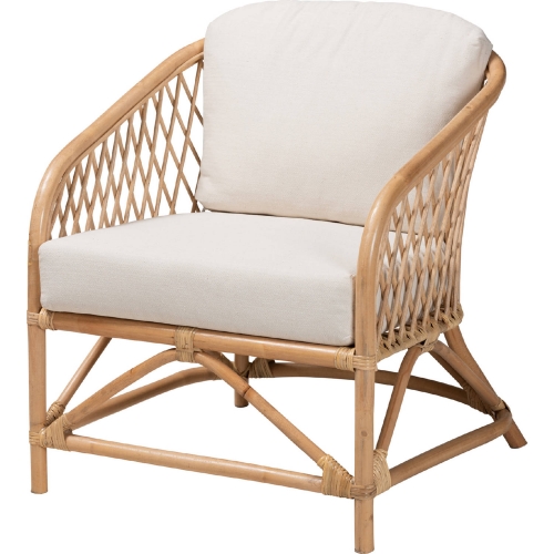 Patsy Accent Arm Chair in White Fabric & Natural Brown Rattan