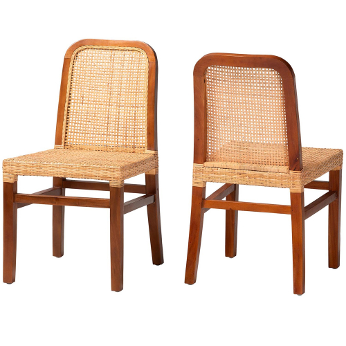 Caspia Dining Chair in Walnut Finish Wood & Natural Rattan (Set of 2)