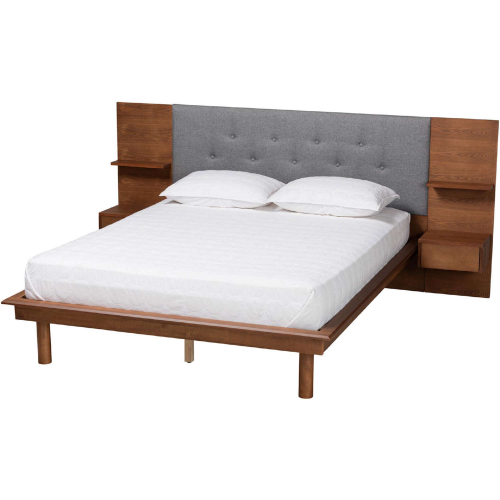 Eliana King Platform Bed w/ Built in Nightstands in Tufted Grey Fabric & Walnut Finish