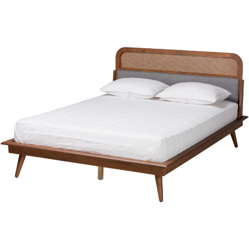 Irina King Platform Bed in Grey Fabric, Walnut Finish Wood & Rattan