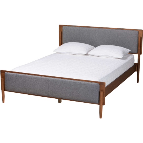 Powers Queen Platform Bed in Grey Fabric & Ash Walnut Finish Wood