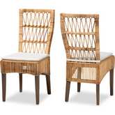 Sullivan Dining Chair in Natural Brown Rattan & White Fabric (Set of 2)