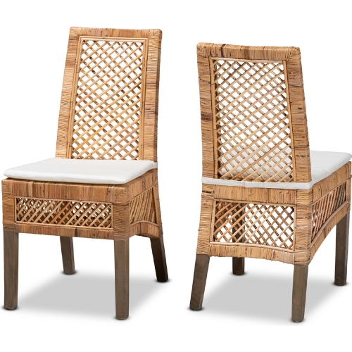 Argos Dining Chair in Natural Brown Rattan & White Fabric (Set of 2)