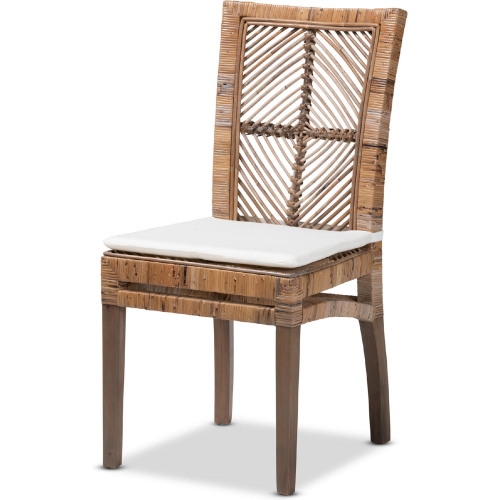 Laluna Dining Chair in Grey Wash Rattan, Mahogany & White Fabric