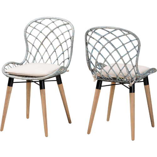 Sabelle Dining Chair in Light Blue Rattan, Natural Teak & White Fabric (Set of 2)