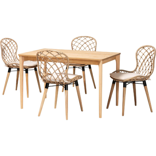 Sabelle 5 Piece Dining Set in Grey Washed Rattan, Natural Wood & White Fabric