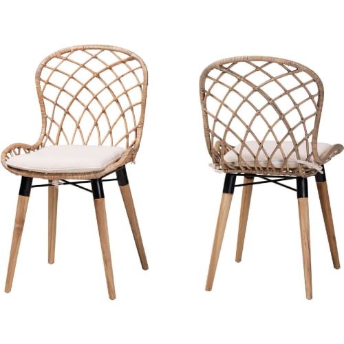 Sabelle Dining Chair in Grey Washed Rattan, Natural Teak & White Fabric (Set of 2)