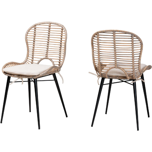 Brenna Dining Chair in Grey Washed Rattan, Black Metal & White Fabric (Set of 2)