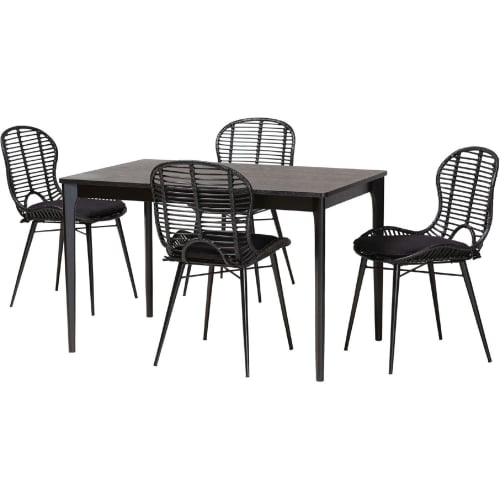 Brenna 5 Piece Dining Set in Black Finish Wood & Rattan