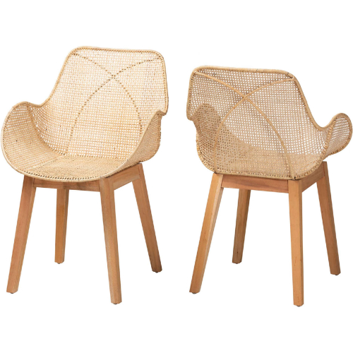 Ballerina Dining Chair in Natural Brown Finish Mahogany Wood & Rattan (Set of 2)