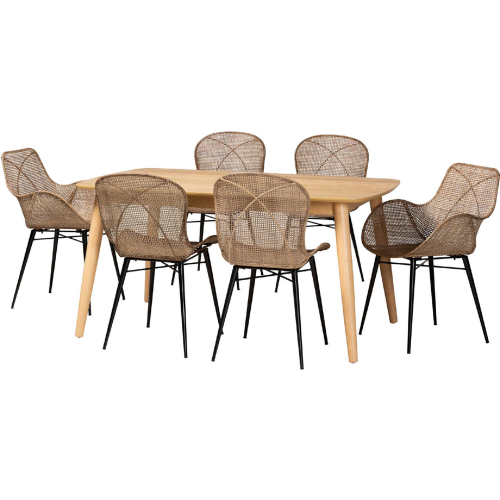 Emmali 7 Piece Dining Set in Grey Washed Rattan, Black Metal & Natural Wood