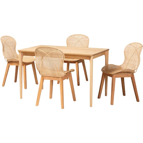 Sabelle 5 Piece Dining Set in Natural Brown Mahogany Wood & Rattan