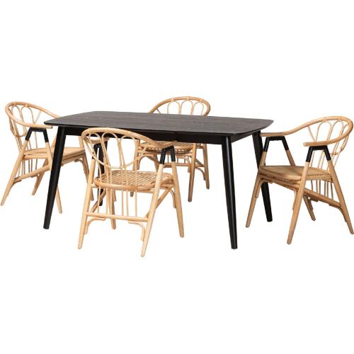 Cyntia 5 Piece Dining Set in Black Finish Wood & Natural Rattan