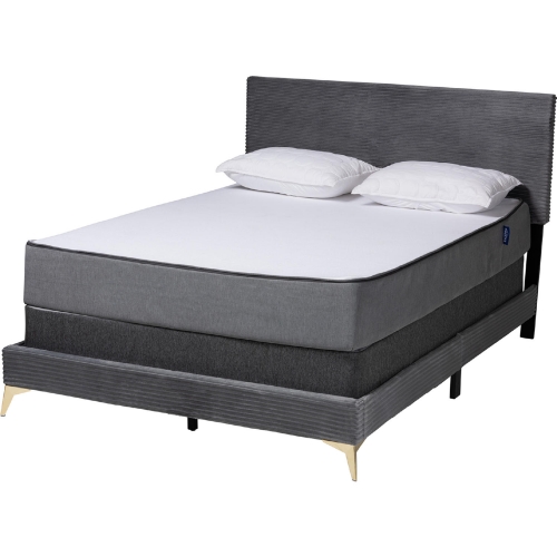 Abberton Queen Panel Bed in Channel Tufted Grey Velvet & Gold Metal