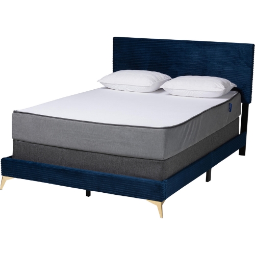 Abberton Queen Panel Bed in Channel Tufted  Navy Blue Velvet & Gold Metal