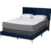 Abberton Queen Panel Bed in Channel Tufted Navy Blue Velvet & Gold Metal