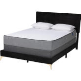 Abberton Queen Panel Bed in Channel Tufted Black Velvet & Gold Metal