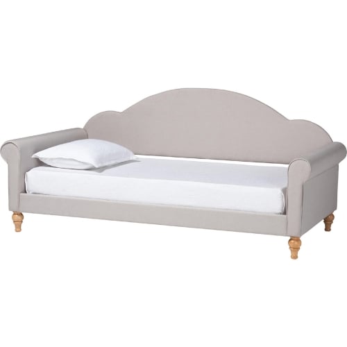 Chaise Twin Daybed in Light Grey Velvet & Natural Finish Wood