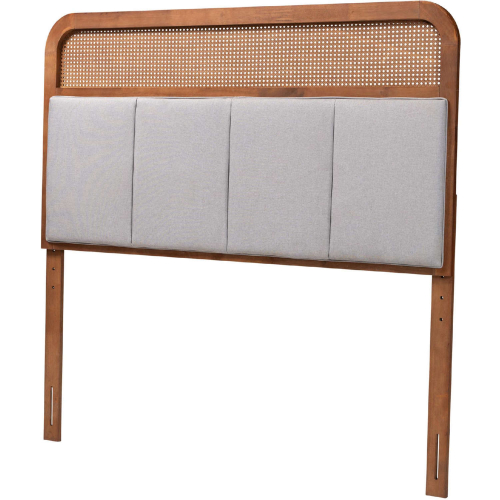 Esti Queen Headboard in Ash Walnut Finish Wood, Rattan & Light Grey Fabric