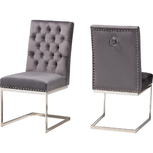 Sherine Dining Chair in Tufted Grey Velvet Fabric & Silver Metal (Set of 2)