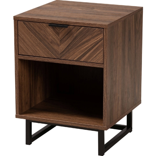 Sadia 1 Drawer End Table in Walnut Brown Finish Wood & Black Metal