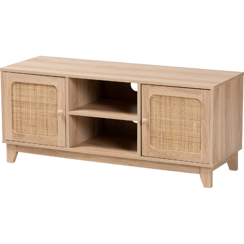 Elsbeth 2 Door 43" TV Stand in Light Brown Finish Wood & Natural Rattan